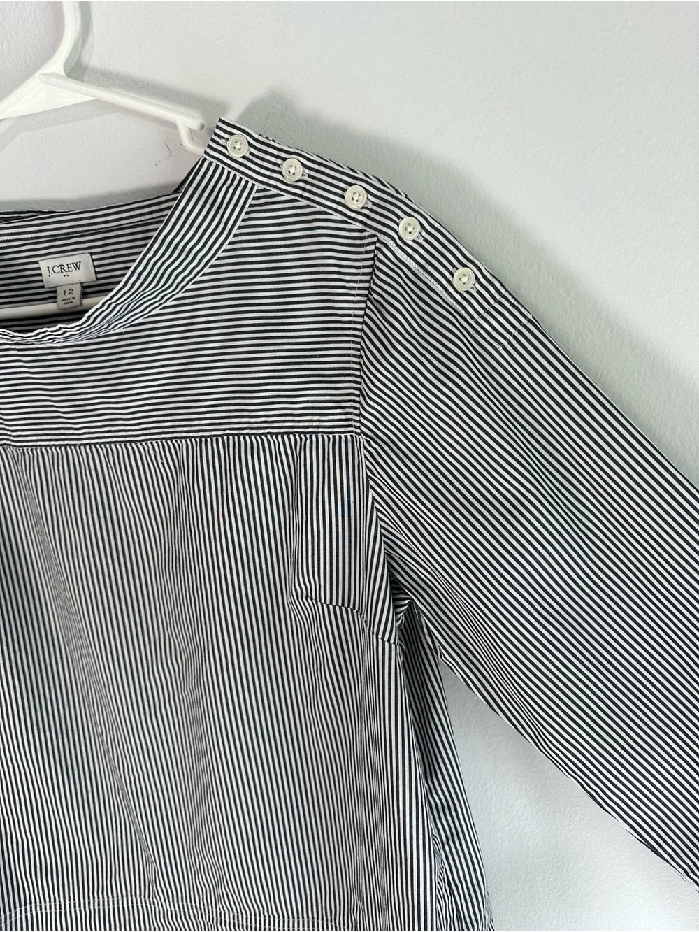 J. Crew Black Funnel neck Striped   Button-Shoulder Top high low hem size 12